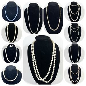 Lot of 11 Pearl Beaded Necklace White Blue Elegant Jewelry Faux Monet Earrings